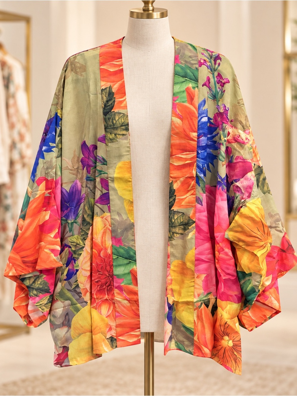Powder Designs Women's Cape in green and Pink floral Kimono Caftan NWT